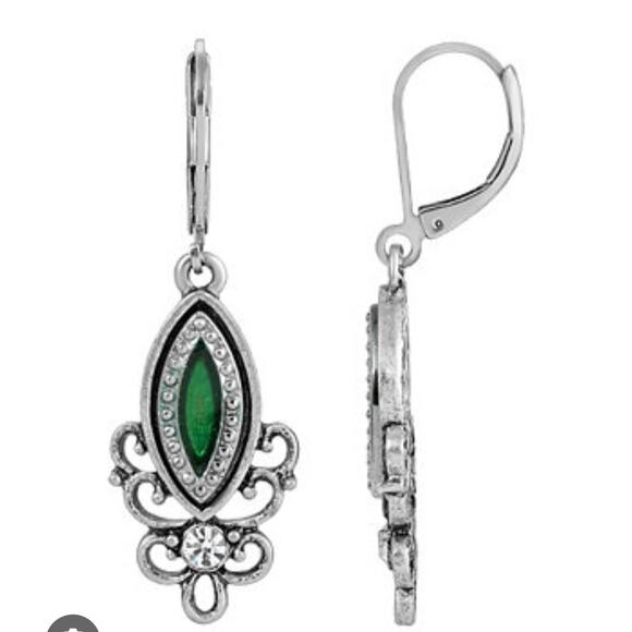 1928 Silver Green Lever Back Earrings New - Picture 1 of 3